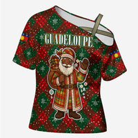 Guadeloupe Christmas Cross Shoulder Shirt with Green-Red Plaid Design, Island Map, and Traditional Santa Motif - Wonder Print Shop