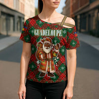 Guadeloupe Christmas Cross Shoulder Shirt with Green-Red Plaid Design, Island Map, and Traditional Santa Motif - Wonder Print Shop