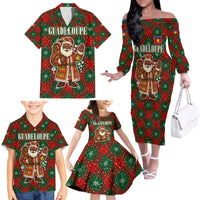 Guadeloupe Christmas Family Matching Off The Shoulder Long Sleeve Dress and Hawaiian Shirt with Green-Red Plaid Design, Island Map, and Traditional Santa Motif - Wonder Print Shop