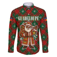 Guadeloupe Christmas Family Matching Off The Shoulder Long Sleeve Dress and Hawaiian Shirt with Green-Red Plaid Design, Island Map, and Traditional Santa Motif - Wonder Print Shop