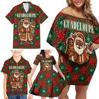 Guadeloupe Christmas Family Matching Off Shoulder Short Dress and Hawaiian Shirt with Green-Red Plaid Design, Island Map, and Traditional Santa Motif - Wonder Print Shop