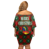 Guadeloupe Christmas Family Matching Off Shoulder Short Dress and Hawaiian Shirt with Green-Red Plaid Design, Island Map, and Traditional Santa Motif - Wonder Print Shop