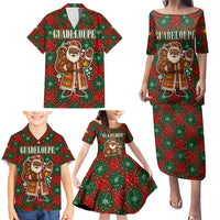 Guadeloupe Christmas Family Matching Puletasi and Hawaiian Shirt with Green-Red Plaid Design, Island Map, and Traditional Santa Motif - Wonder Print Shop