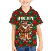 Guadeloupe Christmas Family Matching Puletasi and Hawaiian Shirt with Green-Red Plaid Design, Island Map, and Traditional Santa Motif - Wonder Print Shop