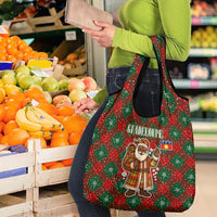 Guadeloupe Christmas Grocery Bag with Green-Red Plaid Design, Island Map, and Traditional Santa Motif - Wonder Print Shop