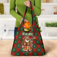 Guadeloupe Christmas Grocery Bag with Green-Red Plaid Design, Island Map, and Traditional Santa Motif - Wonder Print Shop