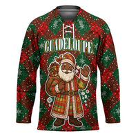 Guadeloupe Christmas Hockey Jersey with Green-Red Plaid Design, Island Map, and Traditional Santa Motif - Wonder Print Shop