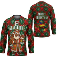 Guadeloupe Christmas Hockey Jersey with Green-Red Plaid Design, Island Map, and Traditional Santa Motif - Wonder Print Shop