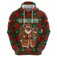 Guadeloupe Christmas Hoodie with Green-Red Plaid Design, Island Map, and Traditional Santa Motif - Wonder Print Shop