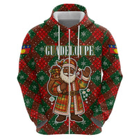 Guadeloupe Christmas Hoodie with Green-Red Plaid Design, Island Map, and Traditional Santa Motif - Wonder Print Shop