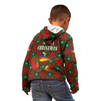 Guadeloupe Christmas Kid Hoodie with Green-Red Plaid Design, Island Map, and Traditional Santa Motif - Wonder Print Shop