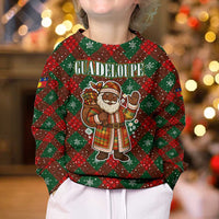 Guadeloupe Christmas Kid Ugly Christmas Sweater with Green-Red Plaid Design, Island Map, and Traditional Santa Motif - Wonder Print Shop