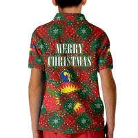 Guadeloupe Christmas Kid Polo Shirt with Green-Red Plaid Design, Island Map, and Traditional Santa Motif - Wonder Print Shop
