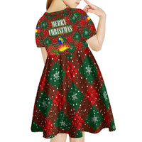 Guadeloupe Christmas Kid Short Sleeve Dress with Green-Red Plaid Design, Island Map, and Traditional Santa Motif - Wonder Print Shop