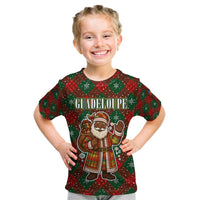 Guadeloupe Christmas Kid T Shirt with Green-Red Plaid Design, Island Map, and Traditional Santa Motif - Wonder Print Shop