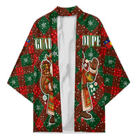 Guadeloupe Christmas Kimono with Green-Red Plaid Design, Island Map, and Traditional Santa Motif - Wonder Print Shop