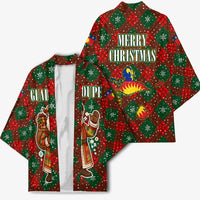 Guadeloupe Christmas Kimono with Green-Red Plaid Design, Island Map, and Traditional Santa Motif - Wonder Print Shop