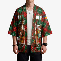 Guadeloupe Christmas Kimono with Green-Red Plaid Design, Island Map, and Traditional Santa Motif - Wonder Print Shop