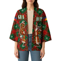 Guadeloupe Christmas Kimono with Green-Red Plaid Design, Island Map, and Traditional Santa Motif - Wonder Print Shop