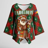 Guadeloupe Christmas Kimono Sleeve Blouse with Green-Red Plaid Design, Island Map, and Traditional Santa Motif - Wonder Print Shop