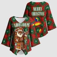 Guadeloupe Christmas Kimono Sleeve Blouse with Green-Red Plaid Design, Island Map, and Traditional Santa Motif - Wonder Print Shop