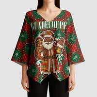 Guadeloupe Christmas Kimono Sleeve Blouse with Green-Red Plaid Design, Island Map, and Traditional Santa Motif - Wonder Print Shop