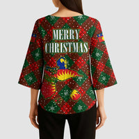 Guadeloupe Christmas Kimono Sleeve Blouse with Green-Red Plaid Design, Island Map, and Traditional Santa Motif - Wonder Print Shop
