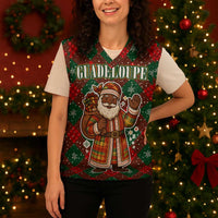 Guadeloupe Christmas Knitted V-Neck Vest with Green-Red Plaid Design, Island Map, and Traditional Santa Motif - Wonder Print Shop