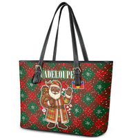 Guadeloupe Christmas Leather Tote Bag with Green-Red Plaid Design, Island Map, and Traditional Santa Motif - Wonder Print Shop