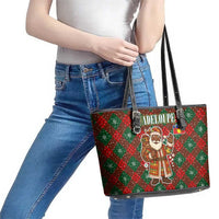 Guadeloupe Christmas Leather Tote Bag with Green-Red Plaid Design, Island Map, and Traditional Santa Motif - Wonder Print Shop