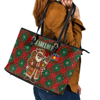 Guadeloupe Christmas Leather Tote Bag with Green-Red Plaid Design, Island Map, and Traditional Santa Motif - Wonder Print Shop