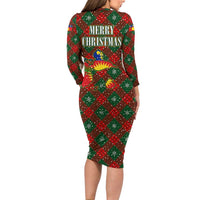 Guadeloupe Christmas Long Sleeve Bodycon Dress with Green-Red Plaid Design, Island Map, and Traditional Santa Motif - Wonder Print Shop