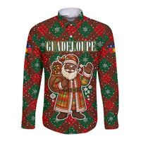 Guadeloupe Christmas Long Sleeve Button Shirt with Green-Red Plaid Design, Island Map, and Traditional Santa Motif - Wonder Print Shop