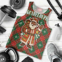Guadeloupe Christmas Men Tank Top with Green-Red Plaid Design, Island Map, and Traditional Santa Motif - Wonder Print Shop
