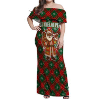 Guadeloupe Christmas Off Shoulder Maxi Dress with Green-Red Plaid Design, Island Map, and Traditional Santa Motif - Wonder Print Shop