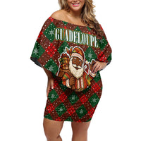 Guadeloupe Christmas Off Shoulder Short Dress with Green-Red Plaid Design, Island Map, and Traditional Santa Motif - Wonder Print Shop