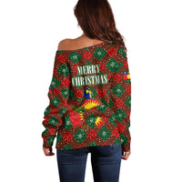 Guadeloupe Christmas Off Shoulder Sweater with Green-Red Plaid Design, Island Map, and Traditional Santa Motif - Wonder Print Shop
