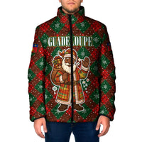 Guadeloupe Christmas Padded Jacket with Green-Red Plaid Design, Island Map, and Traditional Santa Motif - Wonder Print Shop