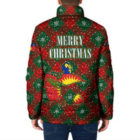 Guadeloupe Christmas Padded Jacket with Green-Red Plaid Design, Island Map, and Traditional Santa Motif - Wonder Print Shop