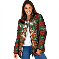 Guadeloupe Christmas Padded Jacket with Green-Red Plaid Design, Island Map, and Traditional Santa Motif - Wonder Print Shop