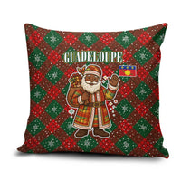 Guadeloupe Christmas Pillow Cover with Green-Red Plaid Design, Island Map, and Traditional Santa Motif - Wonder Print Shop