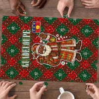 Guadeloupe Christmas Puzzle with Green-Red Plaid Design, Island Map, and Traditional Santa Motif - Wonder Print Shop