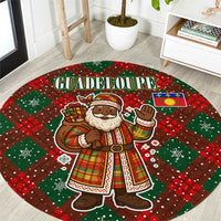 Guadeloupe Christmas Round Carpet with Green-Red Plaid Design, Island Map, and Traditional Santa Motif - Wonder Print Shop