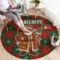 Guadeloupe Christmas Round Carpet with Green-Red Plaid Design, Island Map, and Traditional Santa Motif - Wonder Print Shop