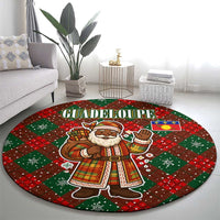 Guadeloupe Christmas Round Carpet with Green-Red Plaid Design, Island Map, and Traditional Santa Motif - Wonder Print Shop