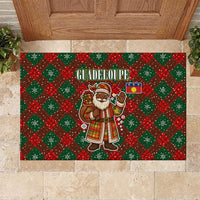 Guadeloupe Christmas Rubber Doormat with Green-Red Plaid Design, Island Map, and Traditional Santa Motif - Wonder Print Shop