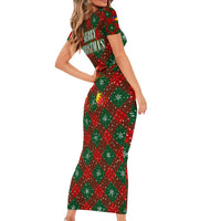 Guadeloupe Christmas Short Sleeve Bodycon Dress with Green-Red Plaid Design, Island Map, and Traditional Santa Motif - Wonder Print Shop