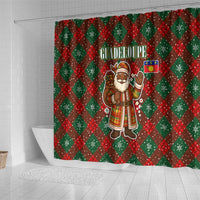 Guadeloupe Christmas Shower Curtain with Green-Red Plaid Design, Island Map, and Traditional Santa Motif - Wonder Print Shop