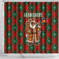 Guadeloupe Christmas Shower Curtain with Green-Red Plaid Design, Island Map, and Traditional Santa Motif - Wonder Print Shop