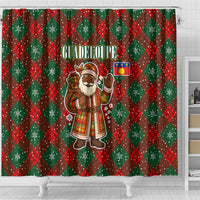 Guadeloupe Christmas Shower Curtain with Green-Red Plaid Design, Island Map, and Traditional Santa Motif - Wonder Print Shop